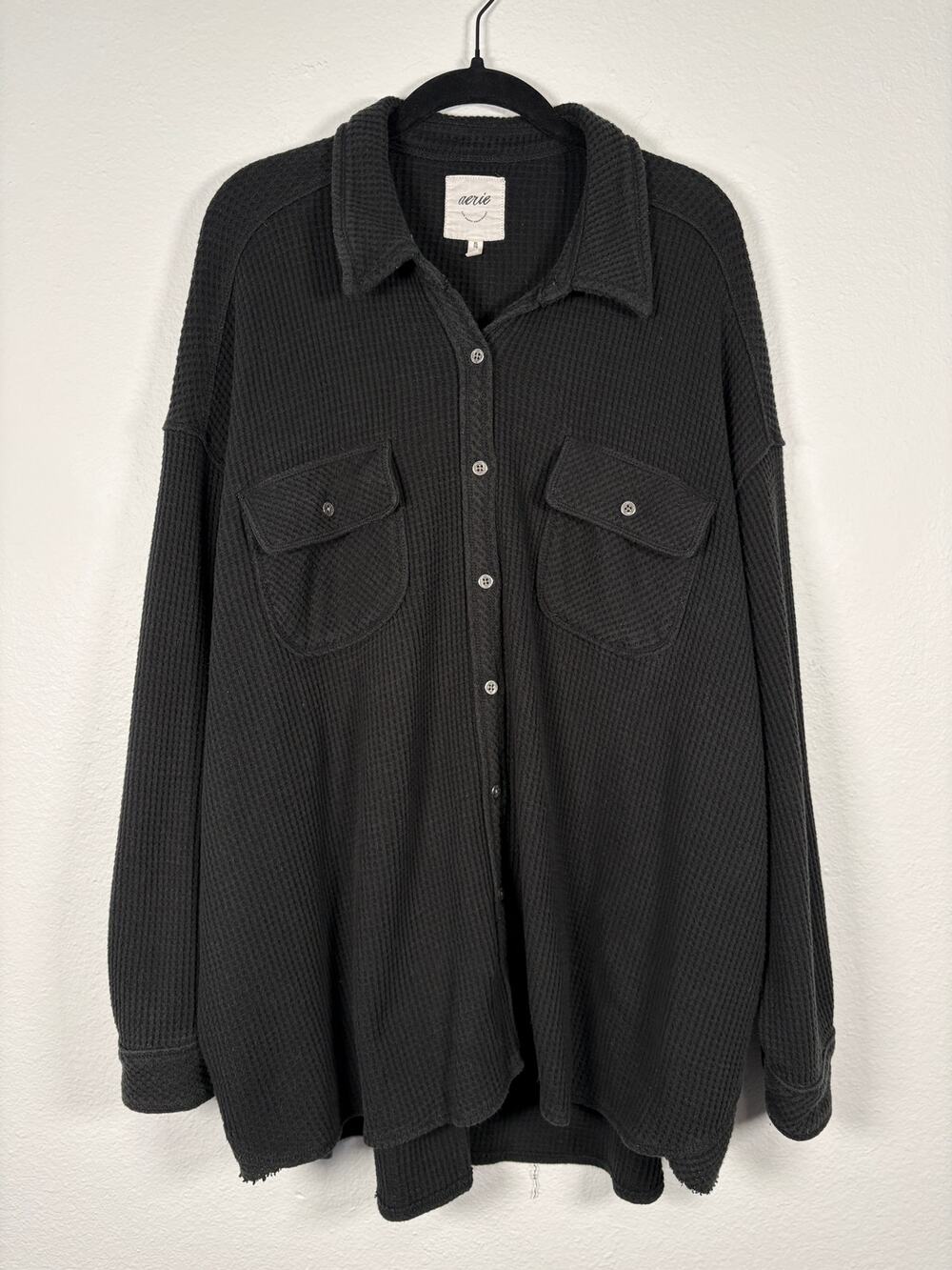 Aerie Black Metal Button Oversized Collared Button Front Lumberjane Waffle Shirt